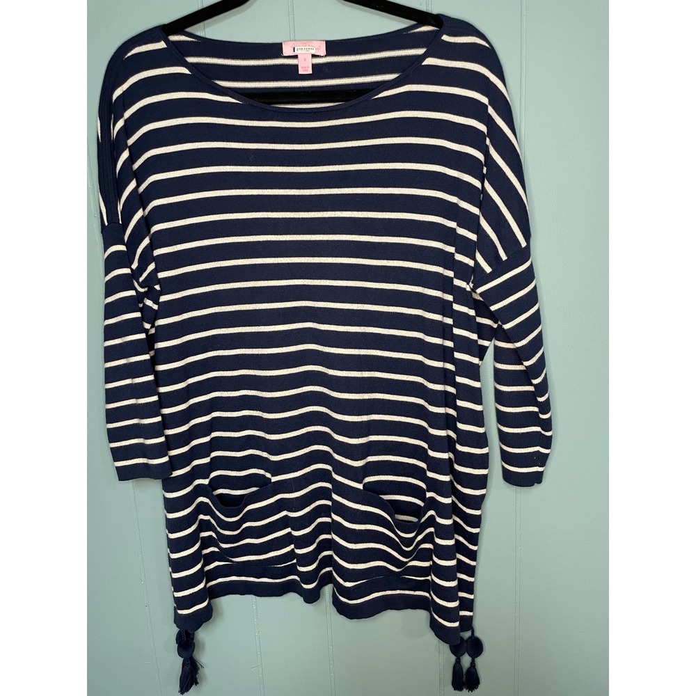 Lilly Pulitzer Striped Sweater Women S Navy Blue Excellent Tassel‎ Pockets